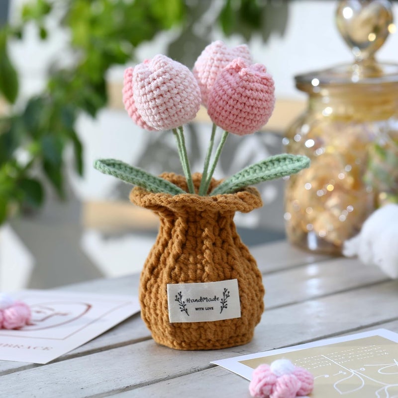 YOOJEE Christmas Crochet Flower Pot Stocking Stuffers Basket Gifts Coworker Handmade Knitted Pink Tulip Potted Flower for Women Teacher Friends Sister Birthday Wedding Home Holiday Cute Desk Decor - Image 2
